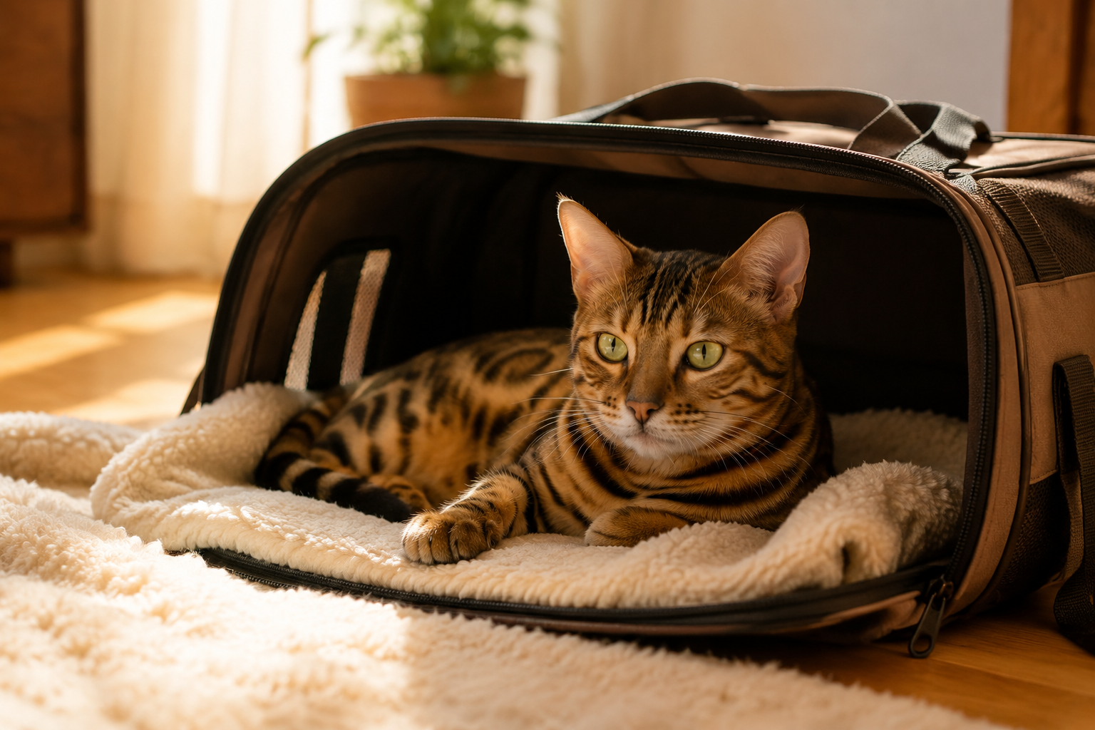 A Bengal cat resting calmly in an open carrier at home, prepared and relaxed before a vet visit