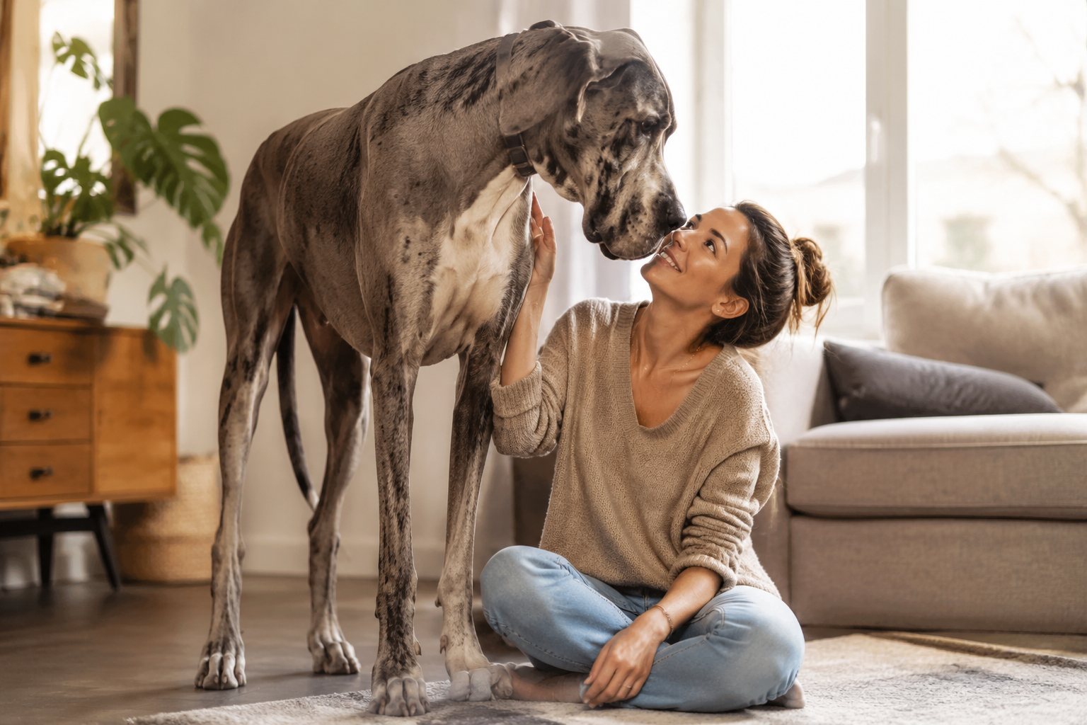 A towering Great Dane standing gently beside its owner in a bright living room, a gentle giant in soft light