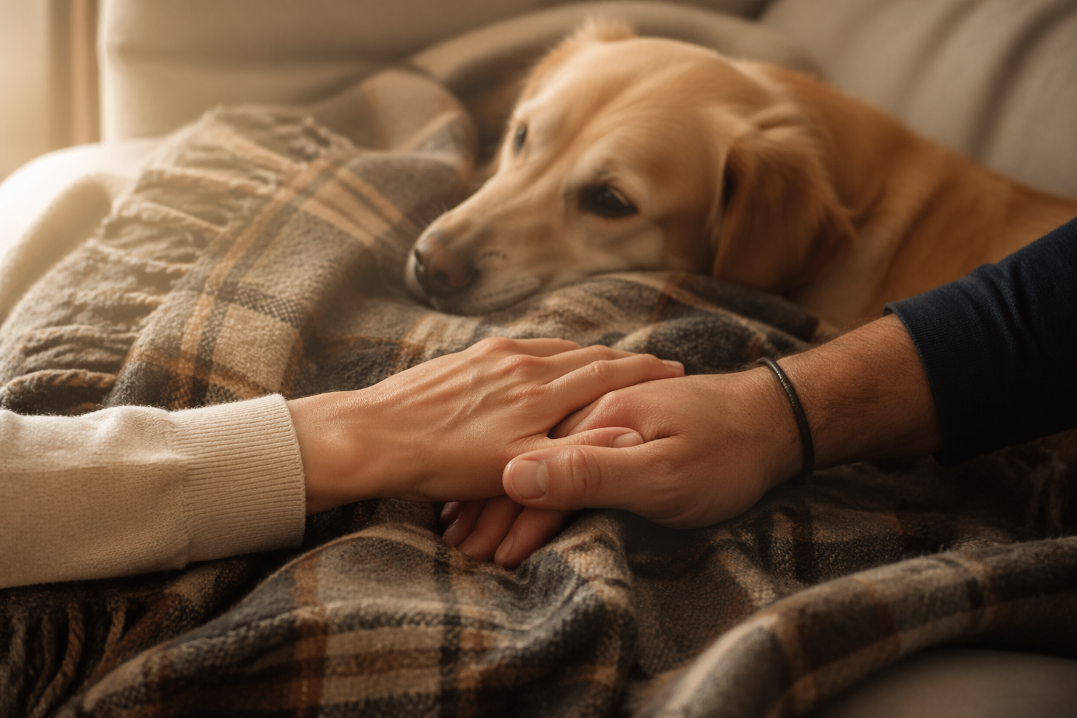 Hands meeting over pet's blanket in reconciliation
