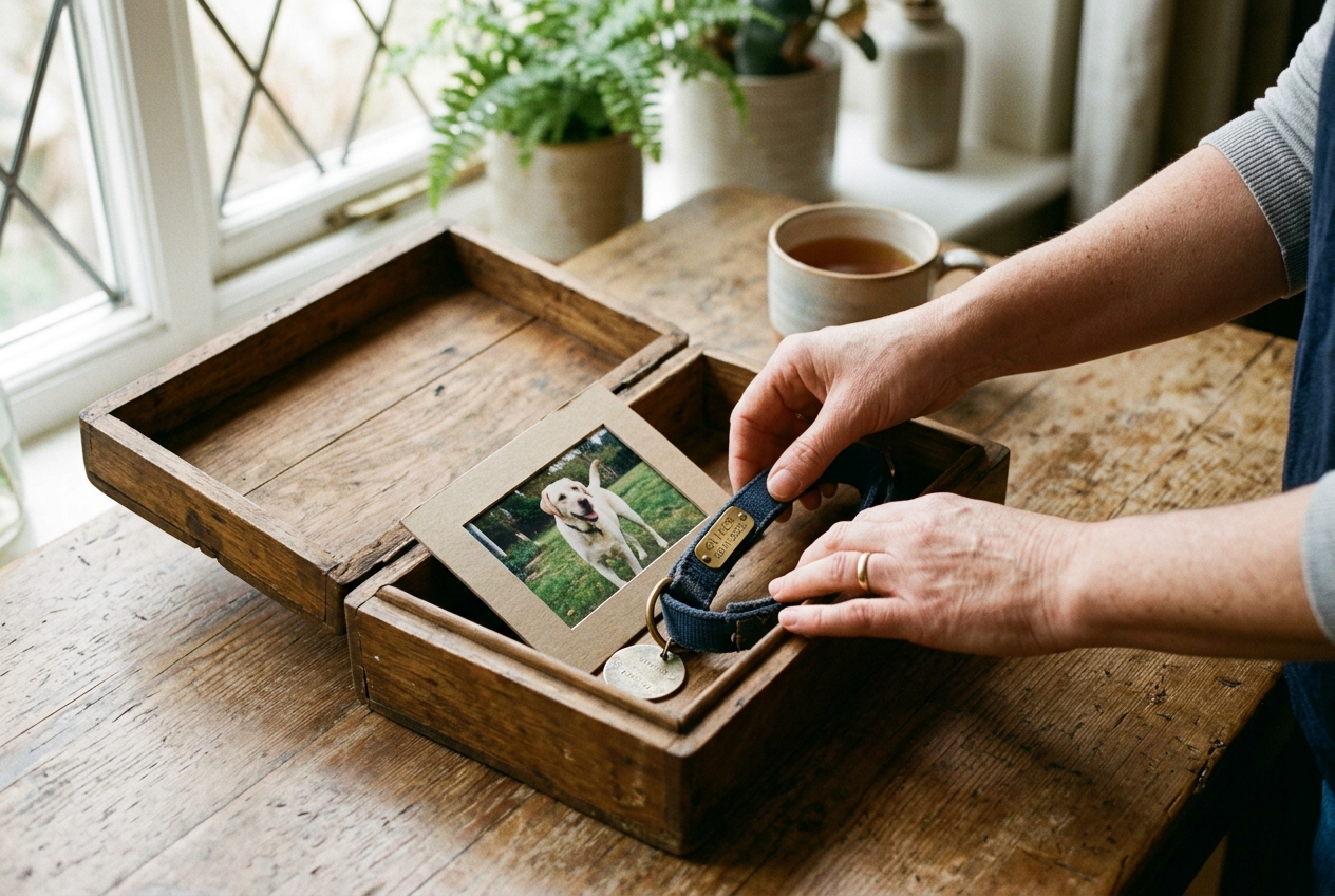 Hands carefully arranging a collar, photo, and tag inside a wooden memory box in soft natural window light