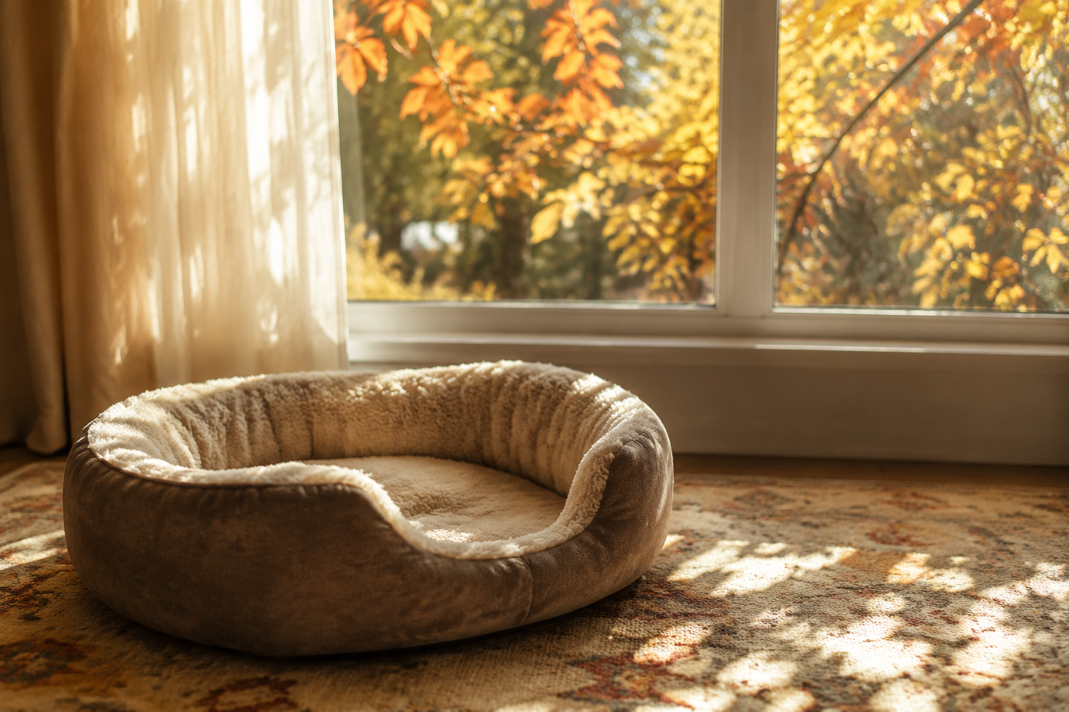 An empty pet bed by a window in soft seasonal light, evoking quiet acceptance after losing a first rabbit