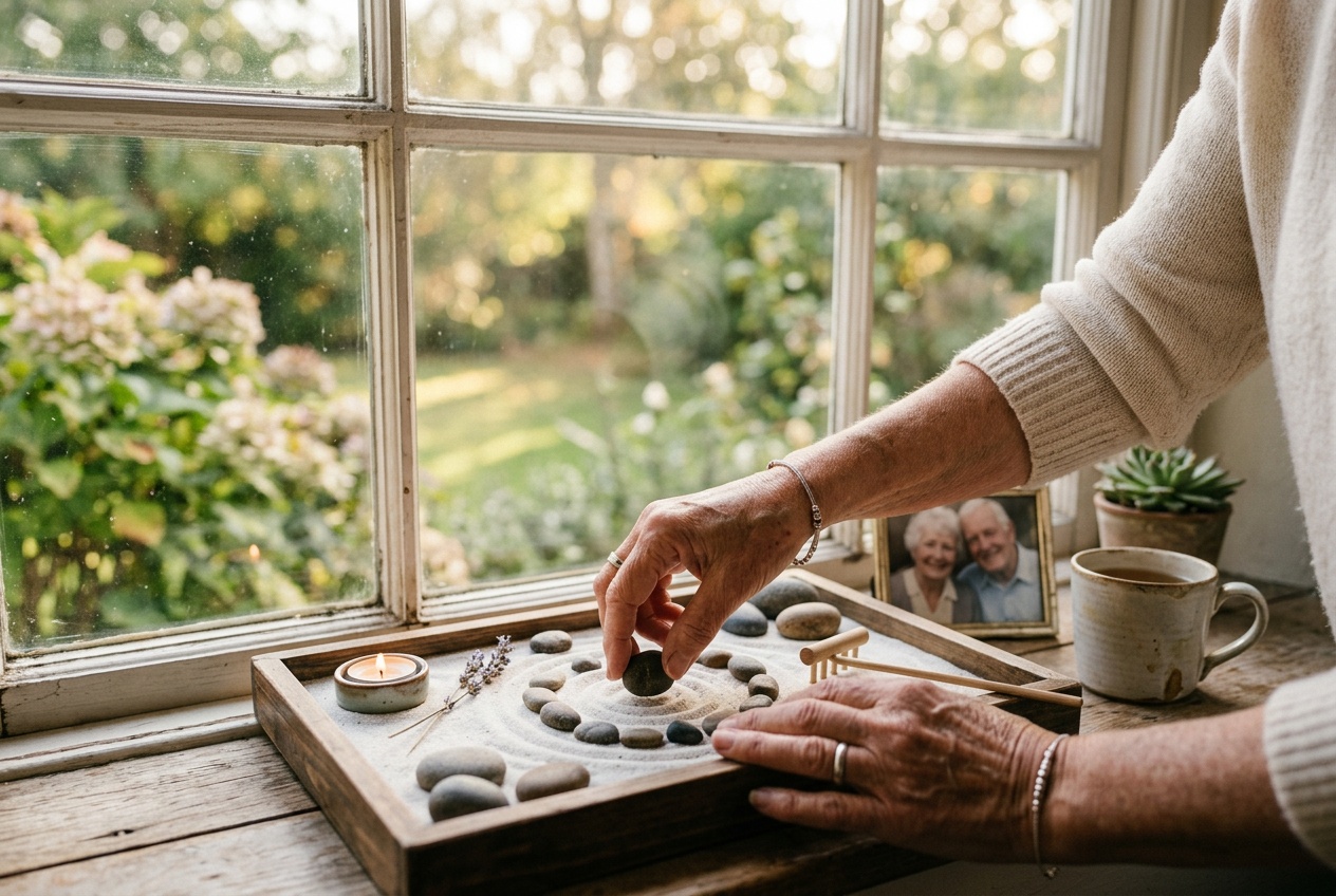 Hands arranging stones in zen garden on windowsill in peaceful morning light