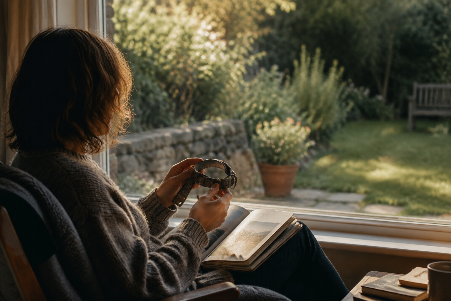 Person by a window holding a small worn dog collar with a travel journal open on their lap in peaceful afternoon light