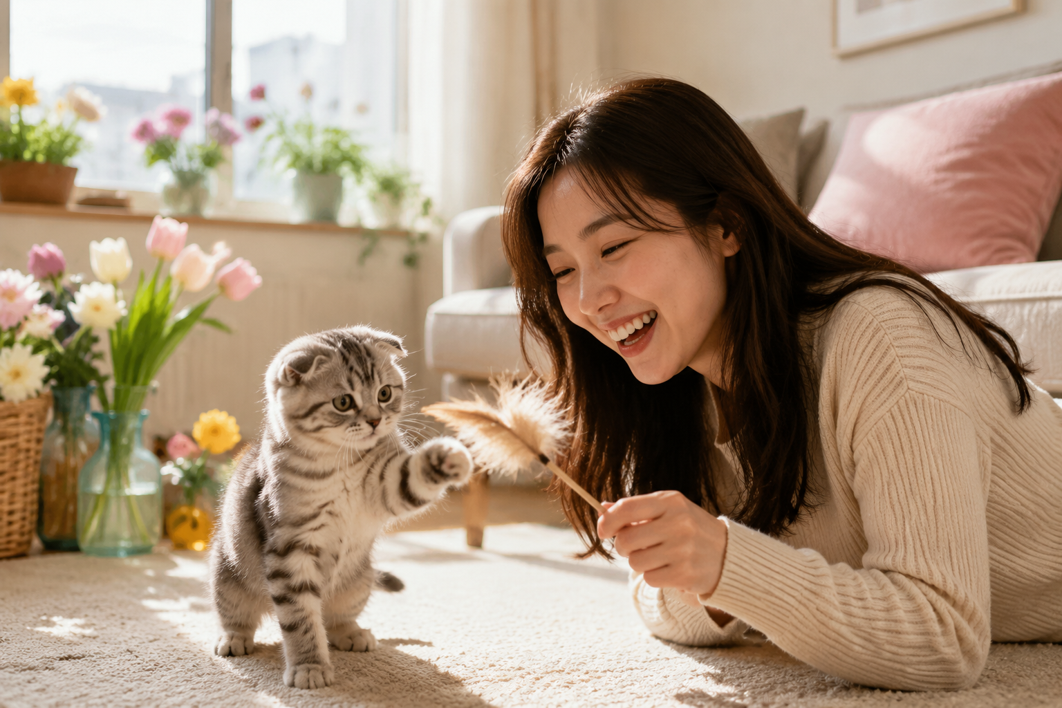 Young woman laughing as a Scottish Fold kitten bats at a feather toy in a bright living room with spring flowers