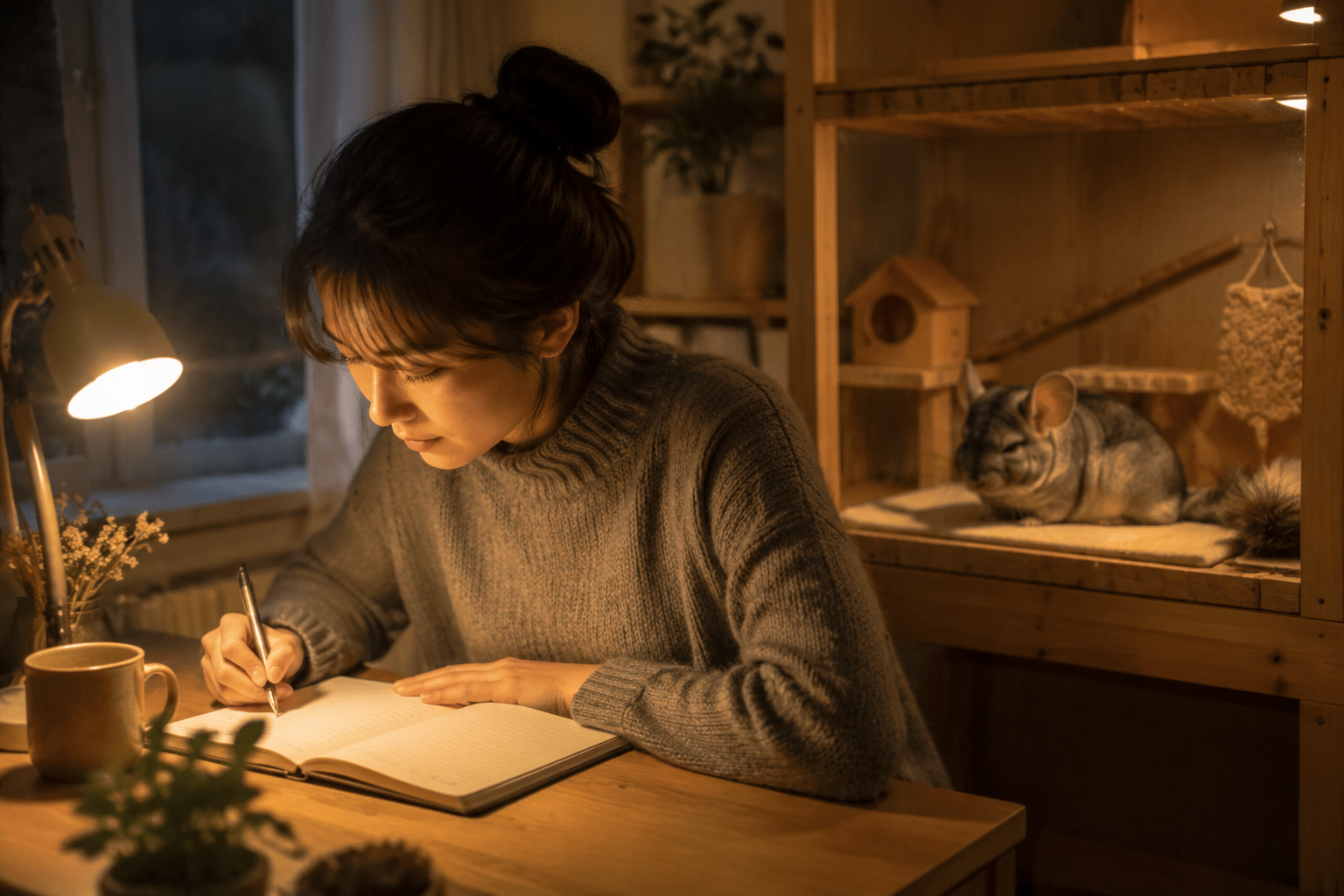 A person journaling by lamplight beside their aging chinchilla, marking a quiet personal ritual