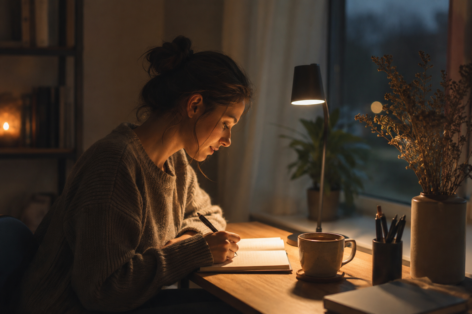 Person writing in a journal at a softly lit evening desk with a cup of tea nearby in a calm room