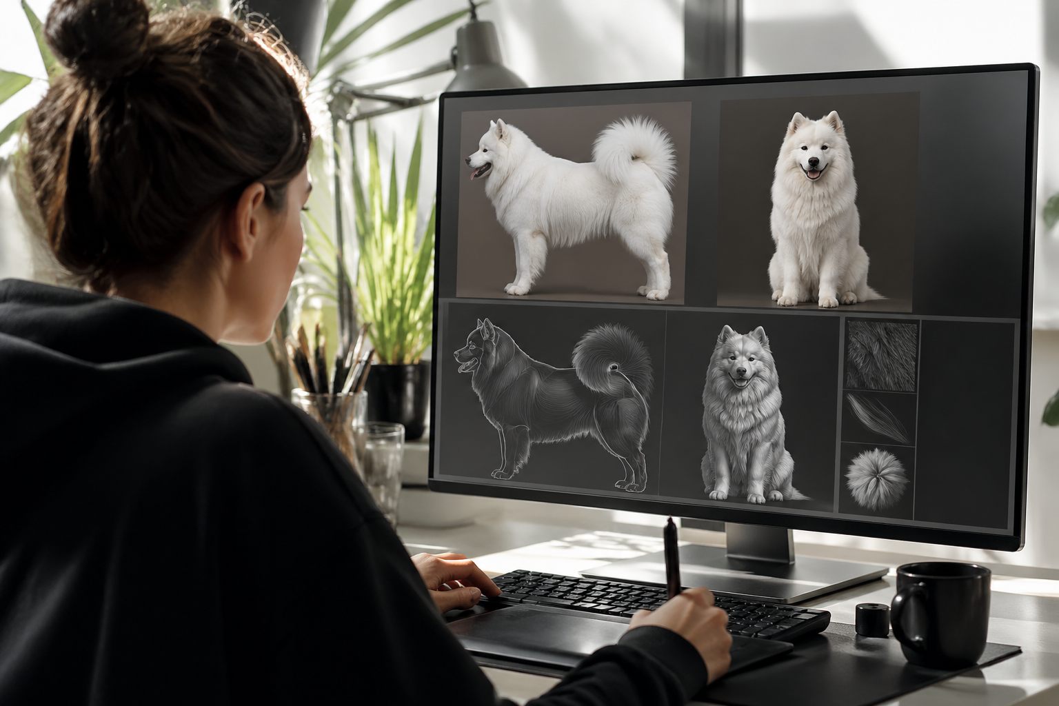 3D artist reviewing Samoyed reference photos and silhouette details on a studio monitor