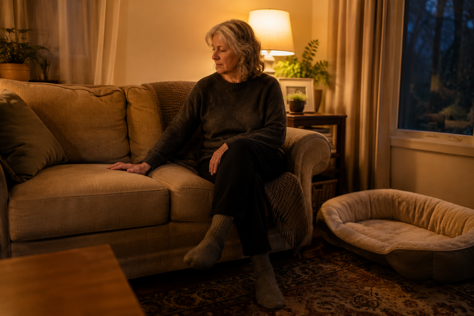 Person sitting alone on couch with hand resting on empty cushion beside them, dog bed visible on floor in dim evening light