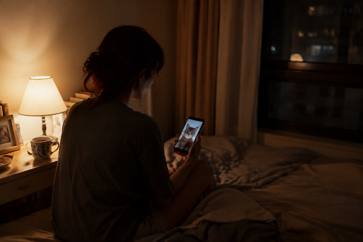 Person sitting alone in dim light holding a phone with a cat photo, a cooling mug of tea on the nightstand beside them