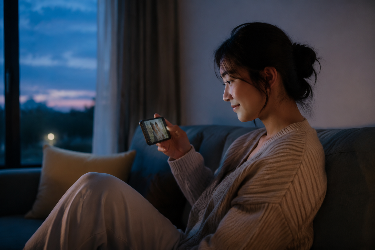 A person watching an old video clip of their Russian Blue cat at dusk, finding quiet secular comfort