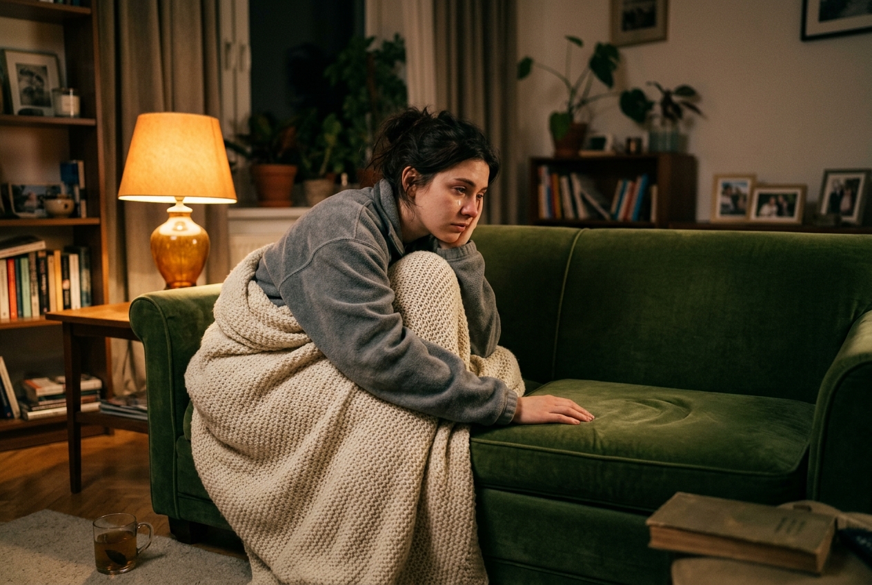 Person curled up alone on a sofa wrapped in a blanket looking at an empty cushion spot in soft warm lamplight