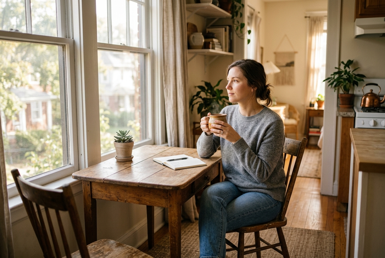 Person sitting alone at a kitchen table with morning coffee and sunlight streaming through the window