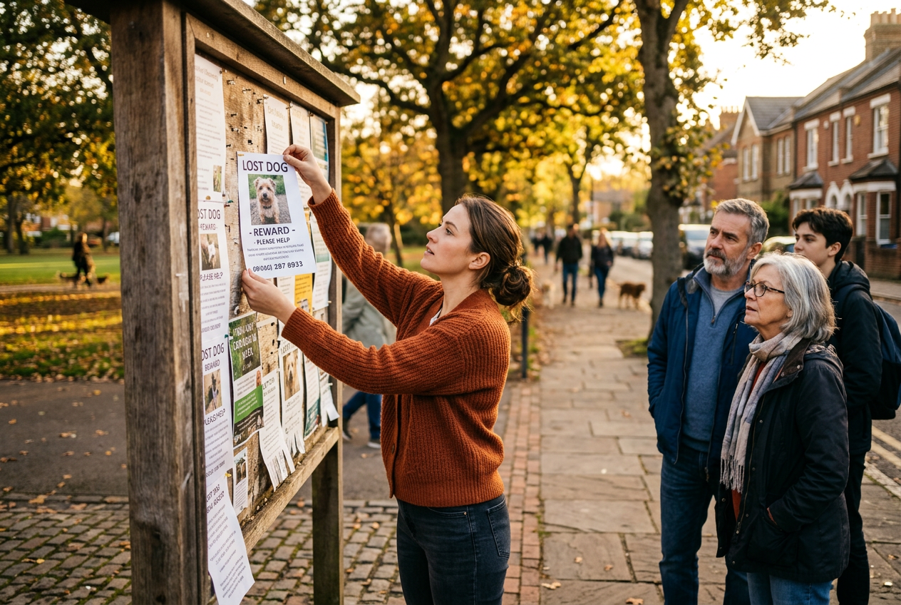 Person posting a lost dog flyer on a community board as neighbors stop to help in golden hour light