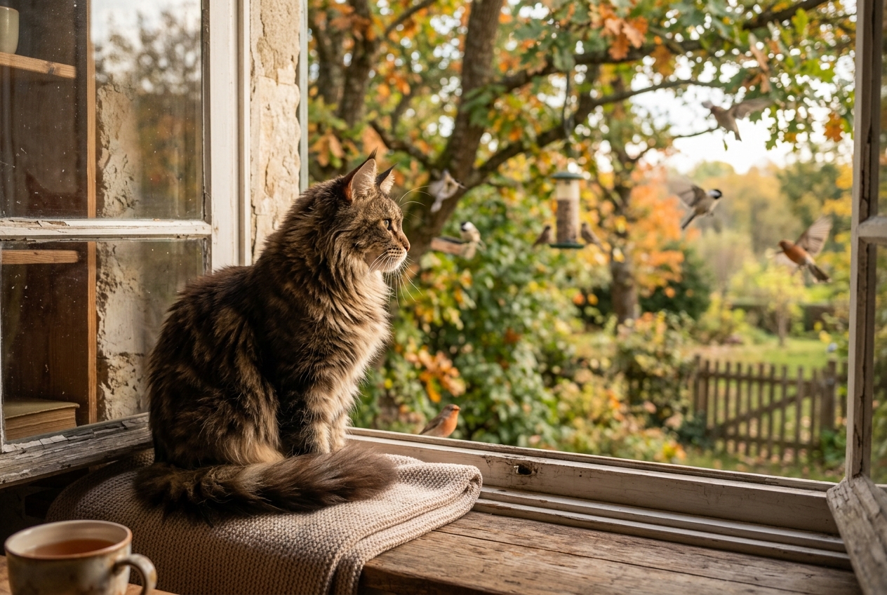 Maine Coon on window ledge gazing at outdoor scenery
