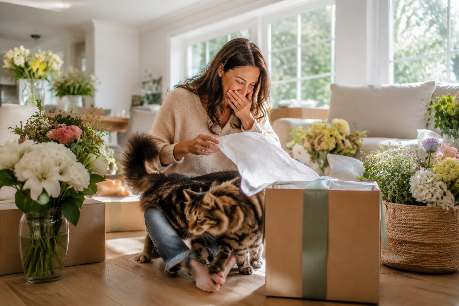 Mother opening a large gift box in her new living room with housewarming flowers and her Maine Coon cat nearby