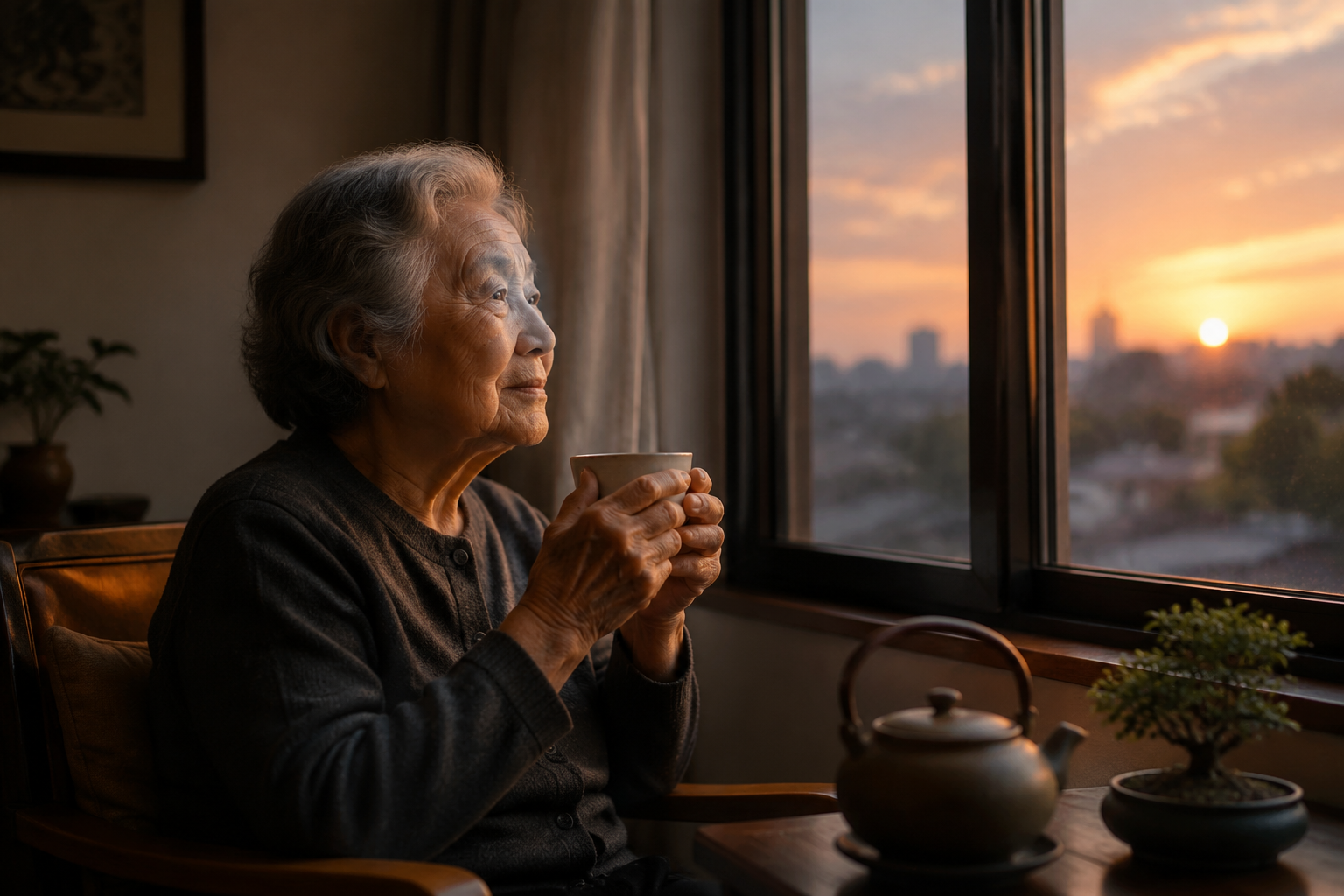 An elderly person sitting quietly by a window at dusk with a warm cup of tea and a gentle reflective look