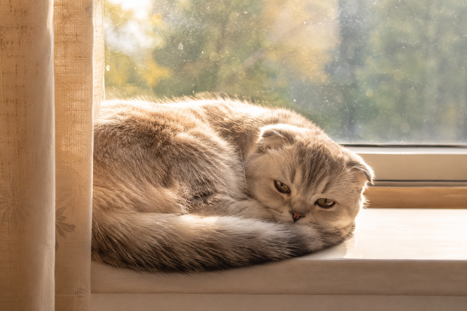 A Scottish Fold cat with folded ears curled on a sunny windowsill in soft morning light and drifting dust motes