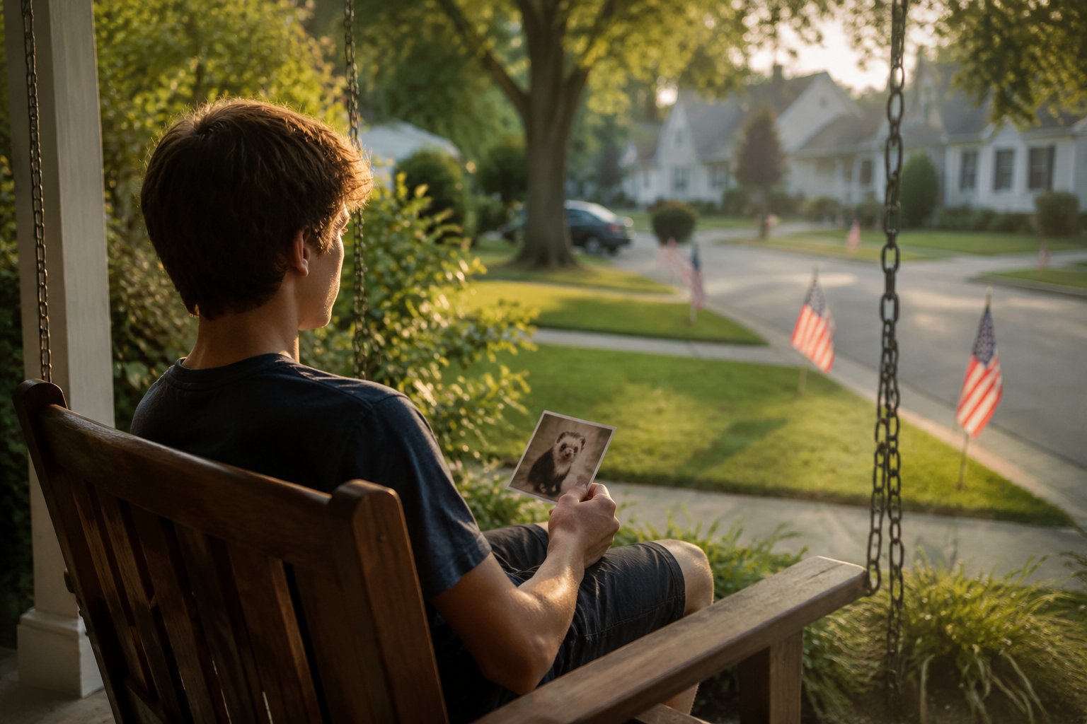 Teenager on a porch swing holding a small feret photo looking at American flags on neighborhood lawns in late May light