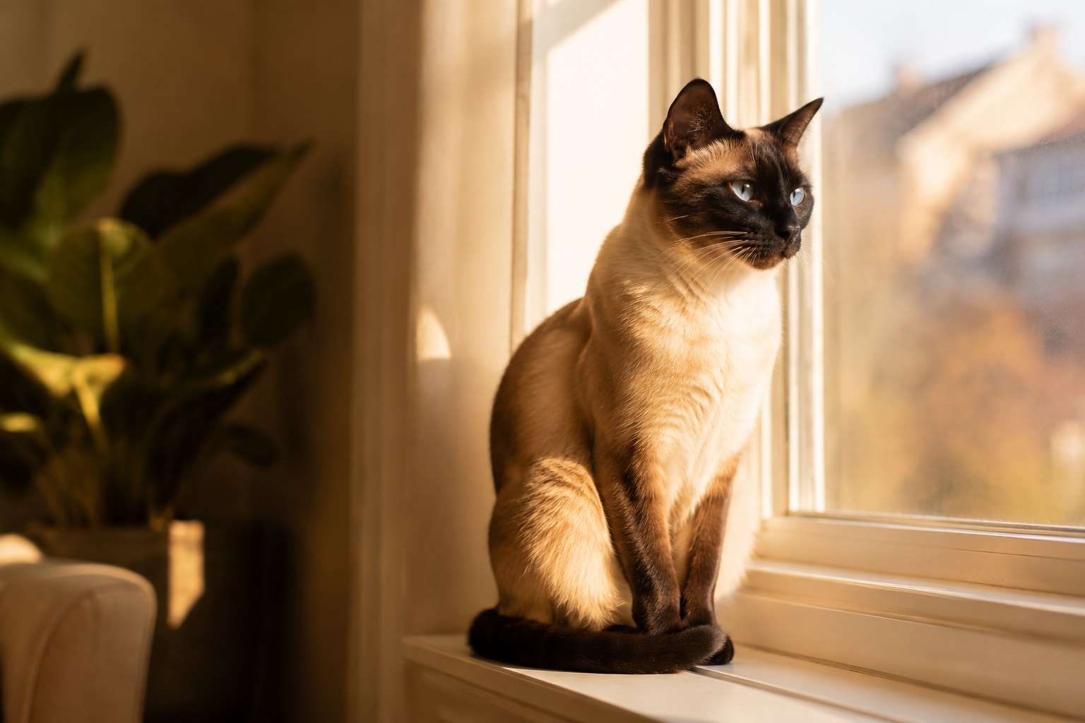 Elegant Siamese cat sitting on a sunlit windowsill with a sleek cream and seal-point coat