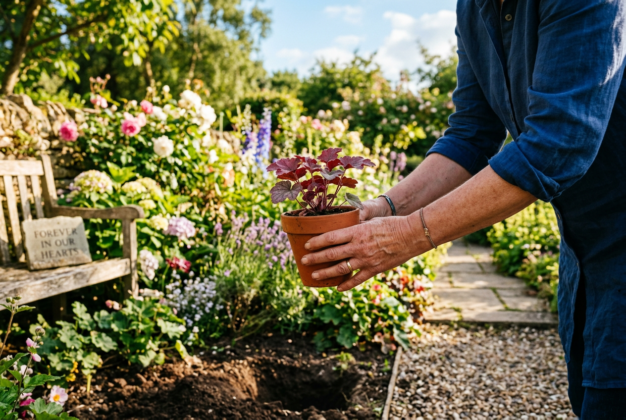 Hands holding potted plant in sunny backyard garden with flower beds in background