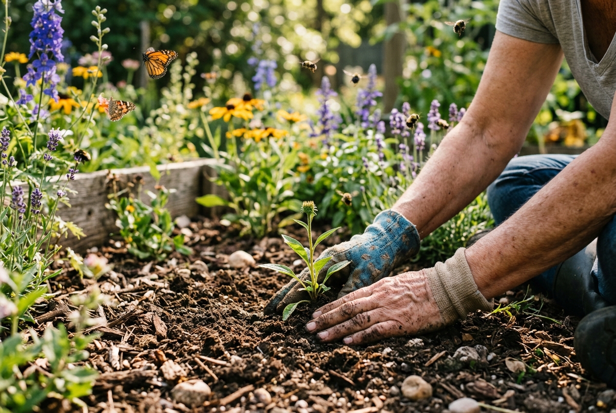 Hands planting a wildflower seedling in a sunny garden with butterflies and bees in the background