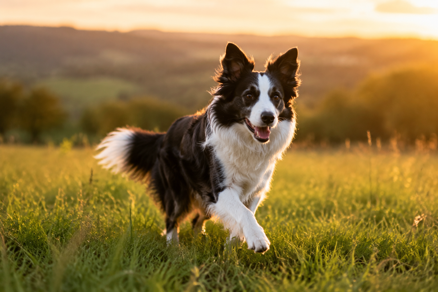 A Border Collie running joyfully across a sunlit meadow, capturing the breed's energy and spirit