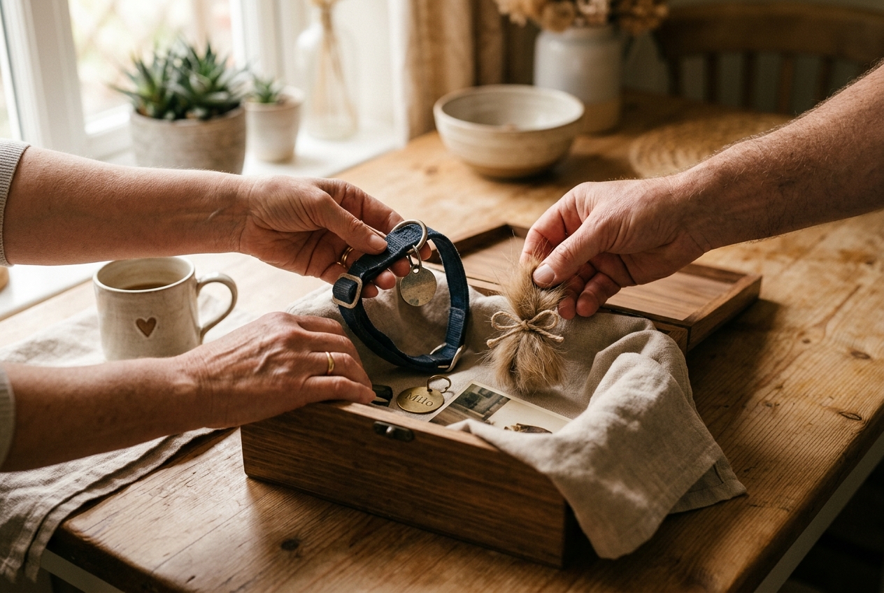Hands carefully placing a dog collar and tuft of fur into a fabric-lined wooden box on a kitchen table in natural light