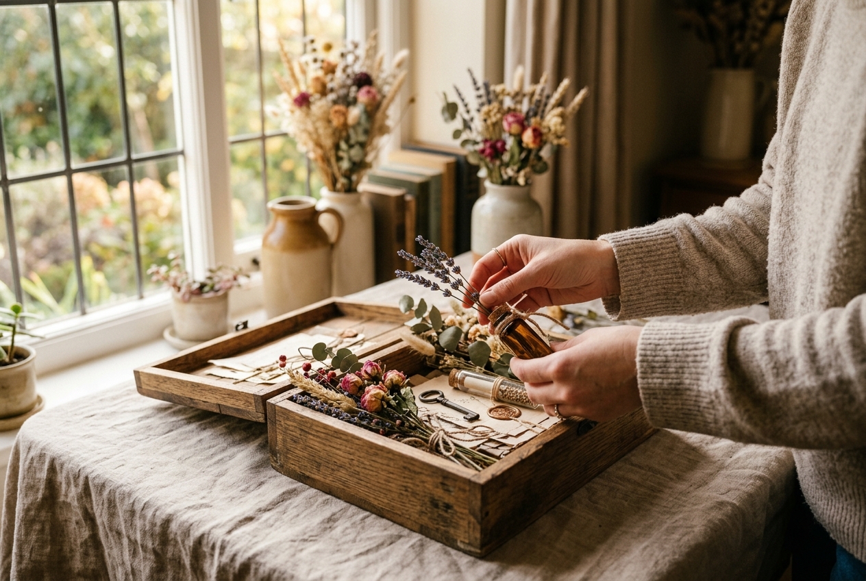 Hands arranging dried flowers and a glass vial inside a wooden keepsake box in warm afternoon light