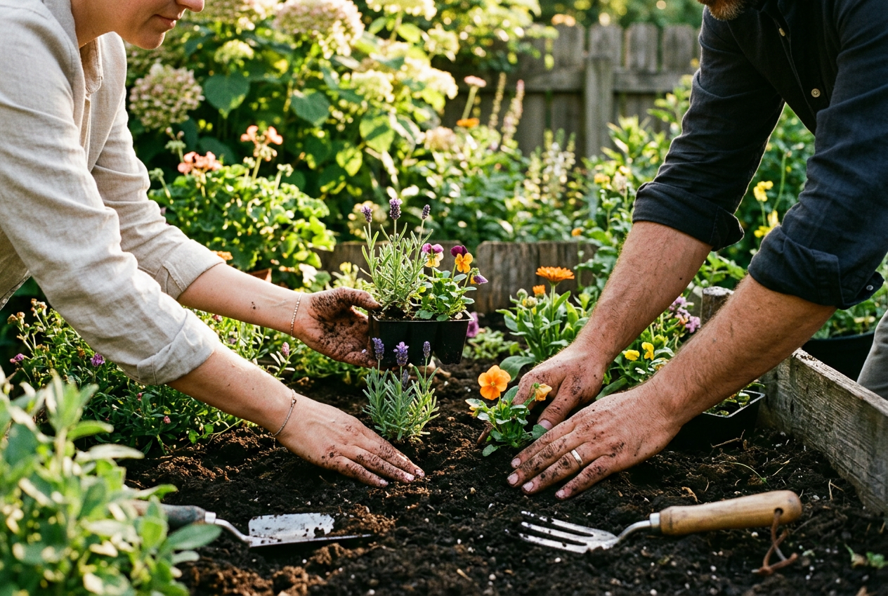 Hands planting flowers in a sunny garden patch, a grounding and therapeutic memorial ritual