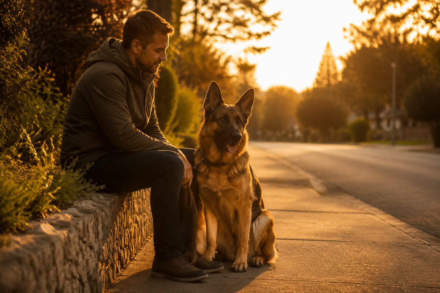 A composed adult German Shepherd sitting beside its owner during a quiet neighborhood walk at golden hour