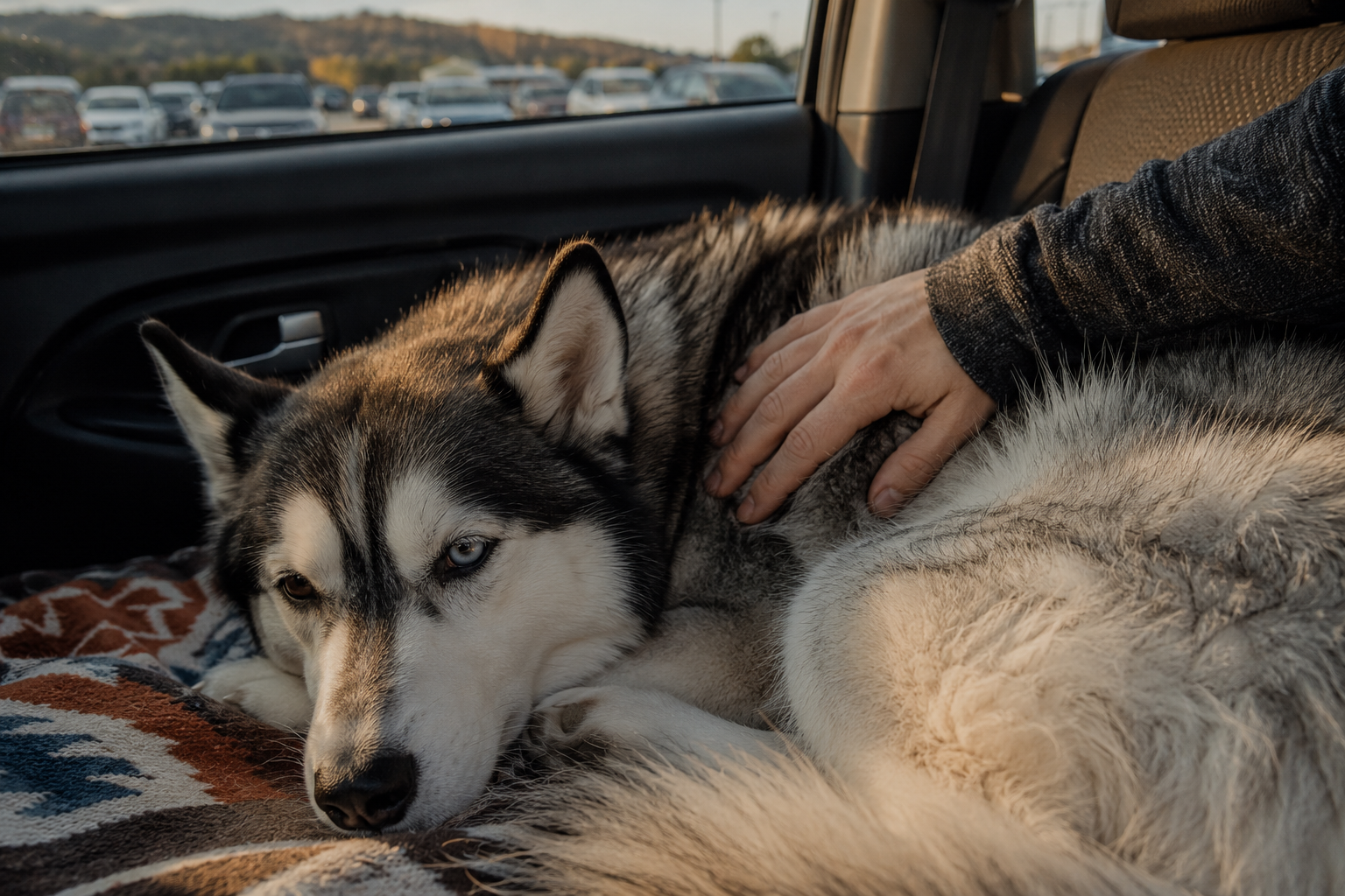 Relaxed Husky lying on a familiar blanket in a car back seat with owner's reassuring hand on its side