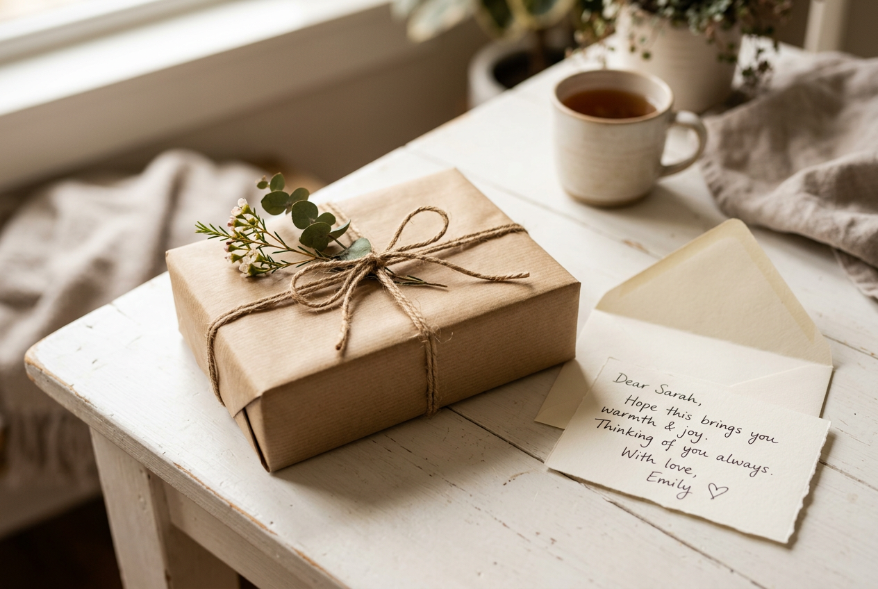 Wrapped gift box with kraft paper and twine on white table with handwritten card
