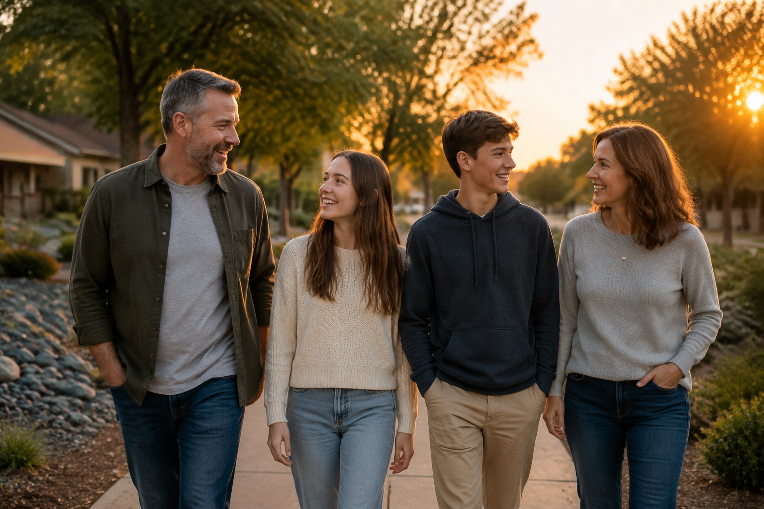 A family with teens walking together on a neighborhood path at sunset in gentle conversation and togetherness