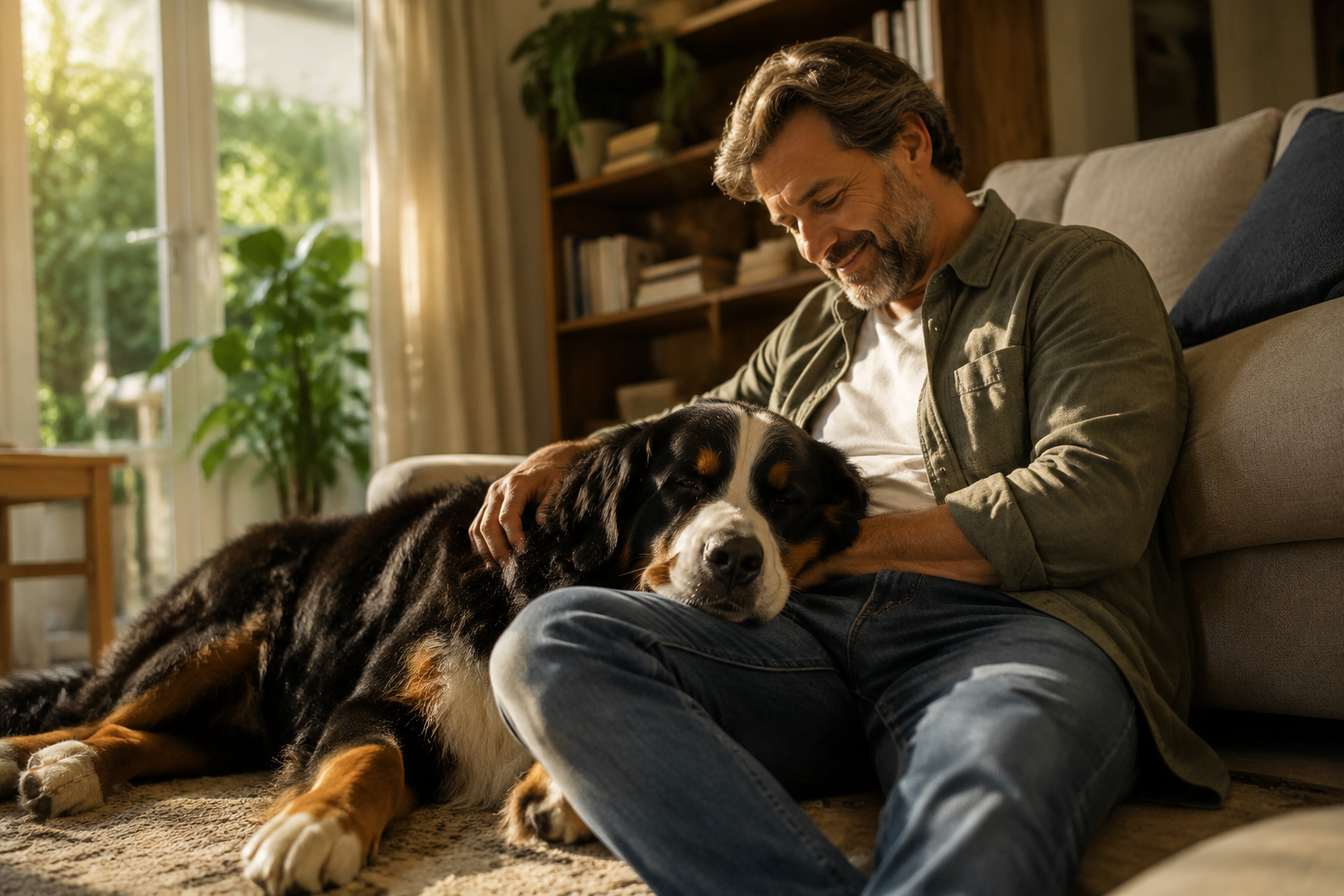 A large Bernese Mountain Dog resting its head on a proud owner's lap in a stylish sunlit living room