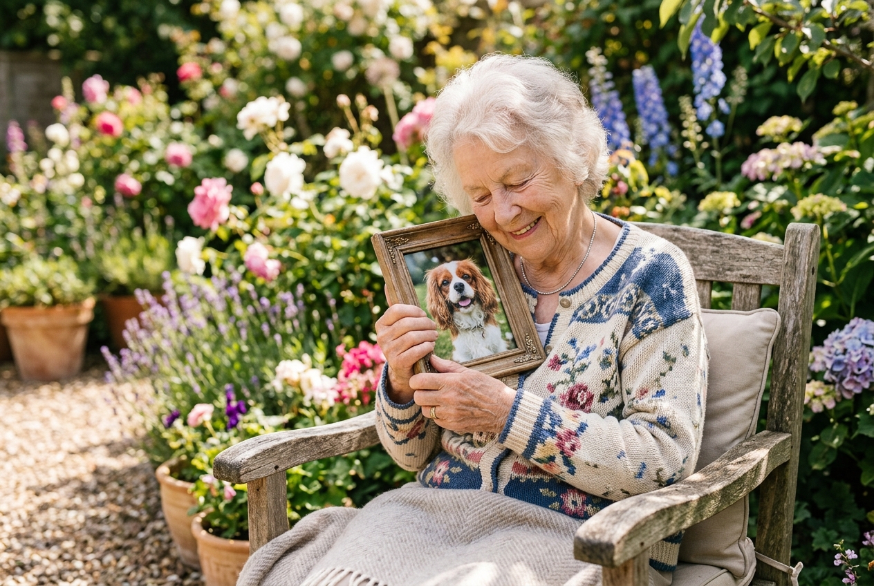 Older woman holding a framed Cavalier King Charles Spaniel photo to her chest, smiling softly in a sunlit garden