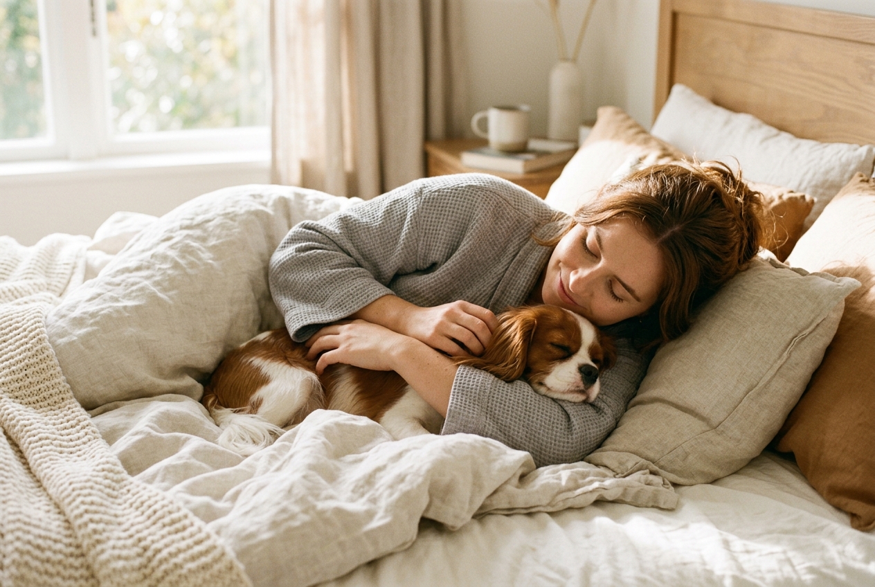 Woman in a cozy robe cuddling a Cavalier King Charles Spaniel on a sunlit bed in morning light
