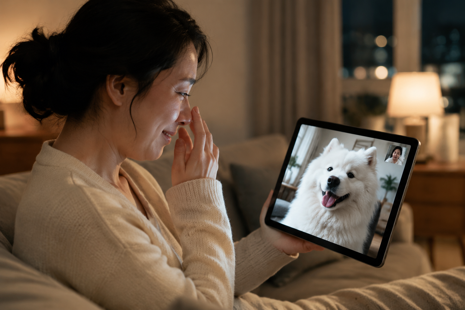 A deployed mother on a video call smiling at her fluffy Samoyed waiting back home, missing it dearly