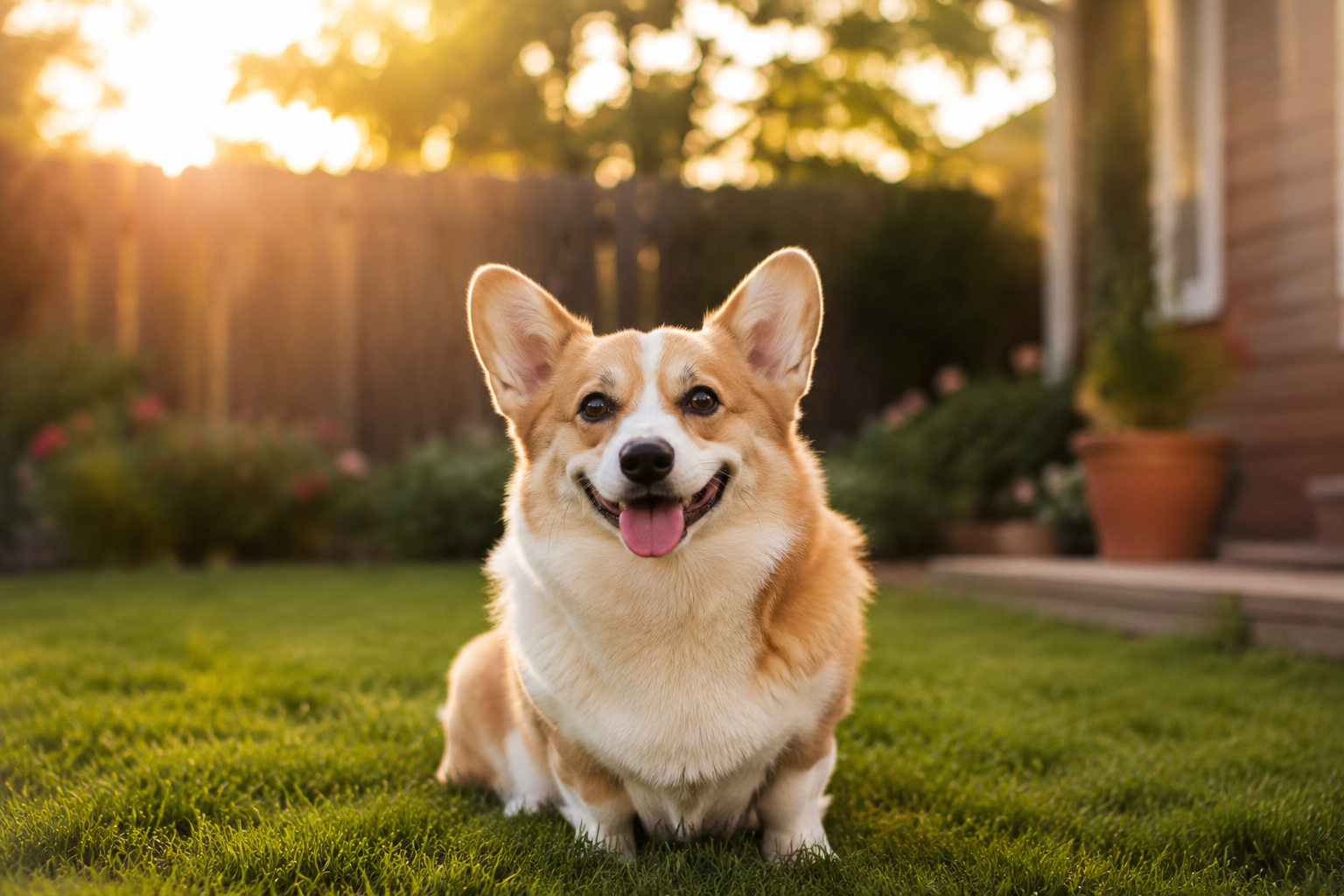A joyful Corgi with ears up and tongue out sitting in a grassy backyard at golden hour, homey and bright