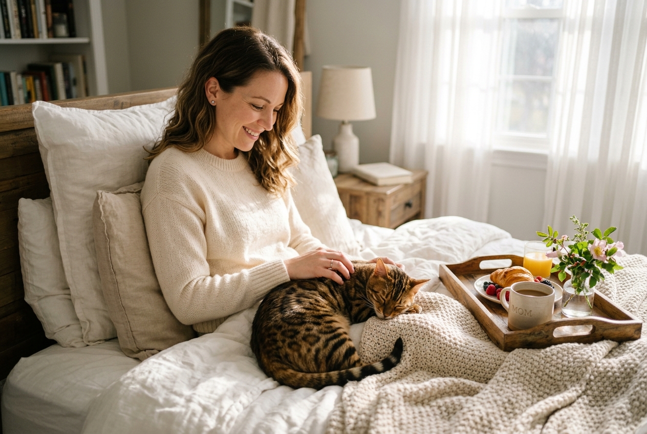 Woman sitting in bed on Mother's Day morning with a Bengal cat in her lap and a breakfast tray in warm sunlight