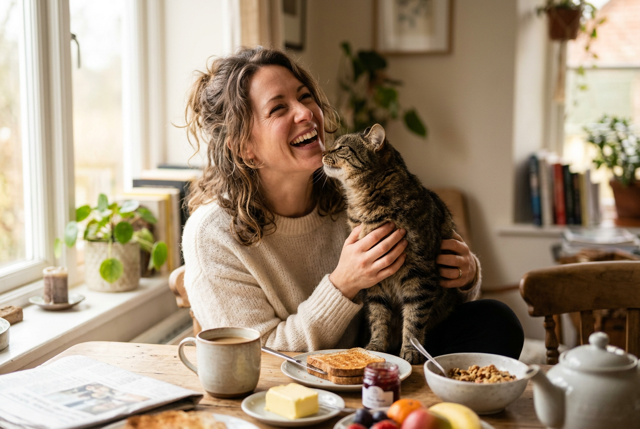Woman laughing as her tabby cat headbutts her chin on a sunny Sunday morning at home