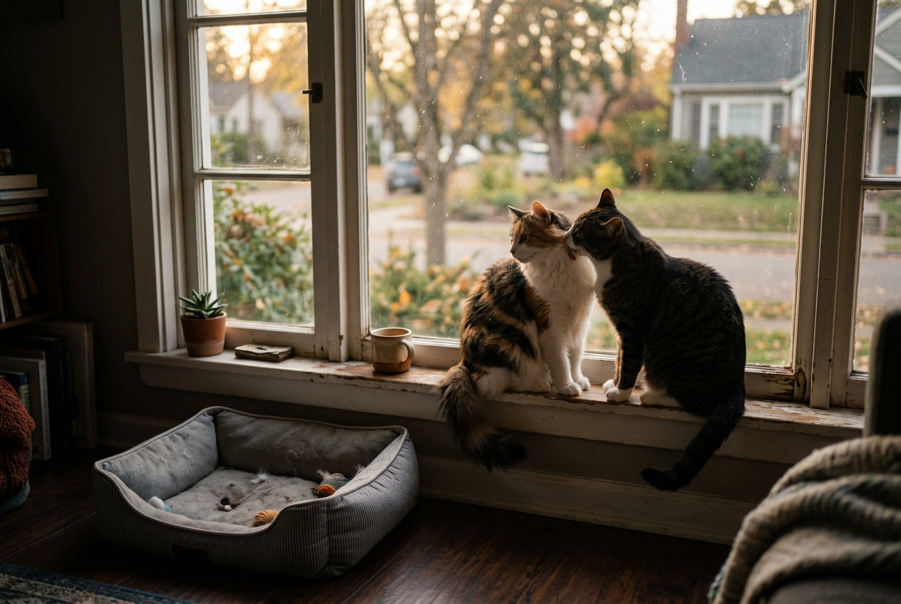 Two cats on a windowsill with an empty cat bed on the floor nearby, depicting a changed household