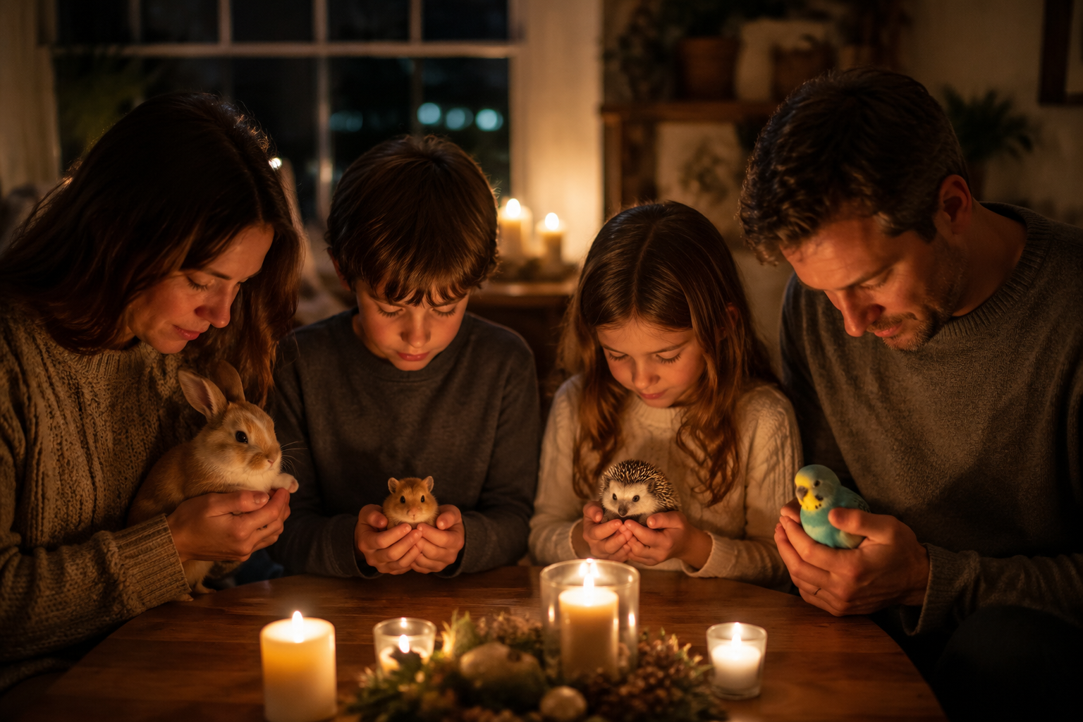 Family gathered around a small table each holding a pet toy in a quiet candlelit moment of shared remembrance