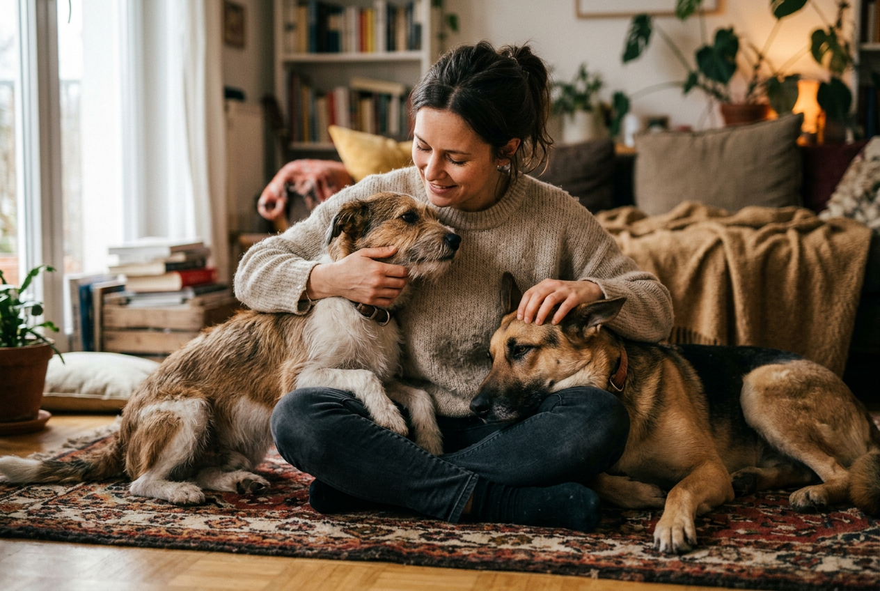 Person on floor comforting two dogs who lean against them in mutual support moment