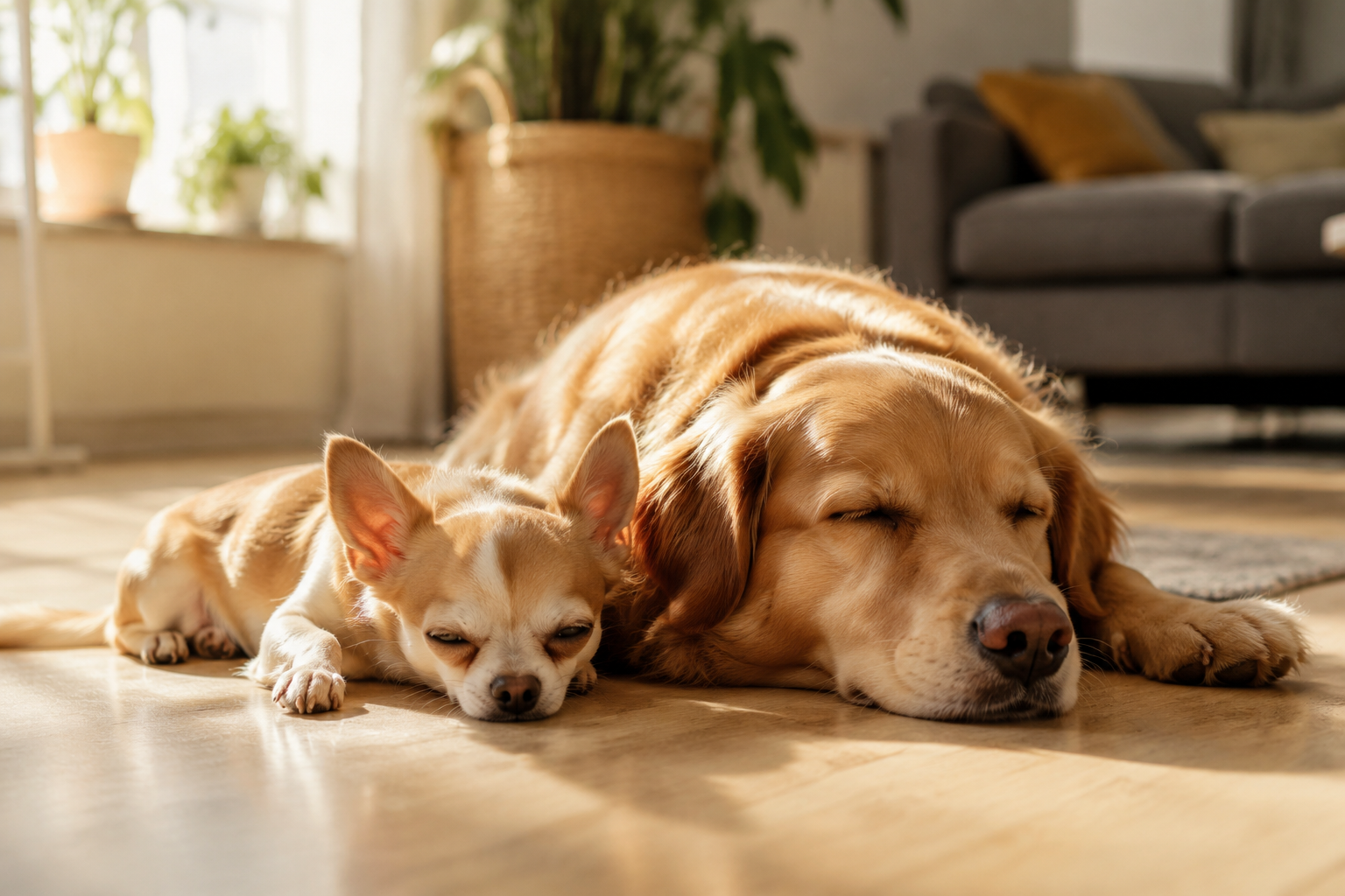 Chihuahua and a larger dog resting peacefully together on a sunny living-room floor in soft light