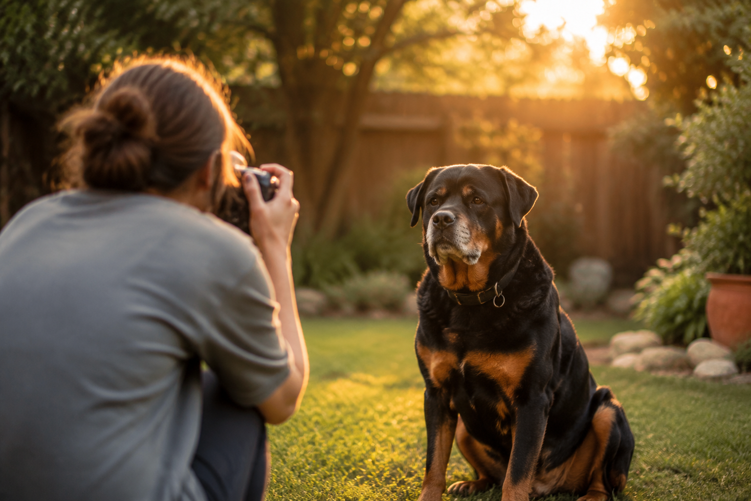 An owner photographing their dignified senior Rottweiler in golden-hour light on National Dog Day