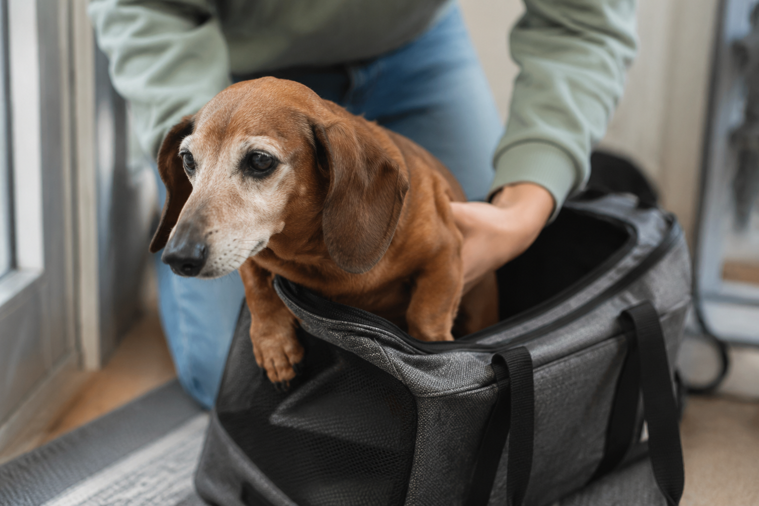 An owner calmly settling a senior Dachshund into a soft carrier before the vet visit