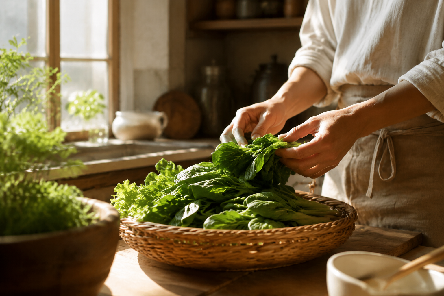 A person's hands gently arranging fresh leafy greens on a cutting board in a warm sunlit reflective kitchen