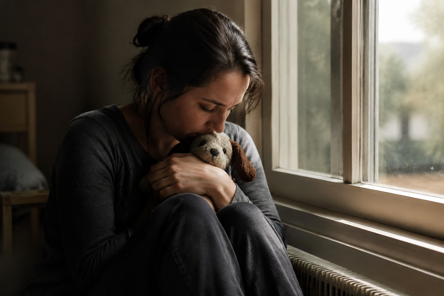 A grieving owner holding their Corgi's favorite worn toy by a window during the first week of loss
