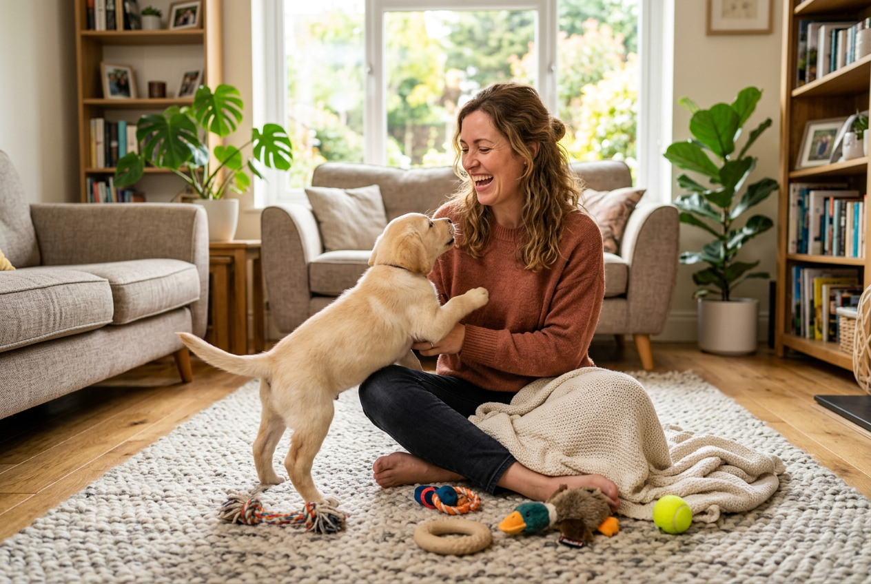 Person sitting on the floor laughing as a Labrador puppy climbs into their lap among new toys