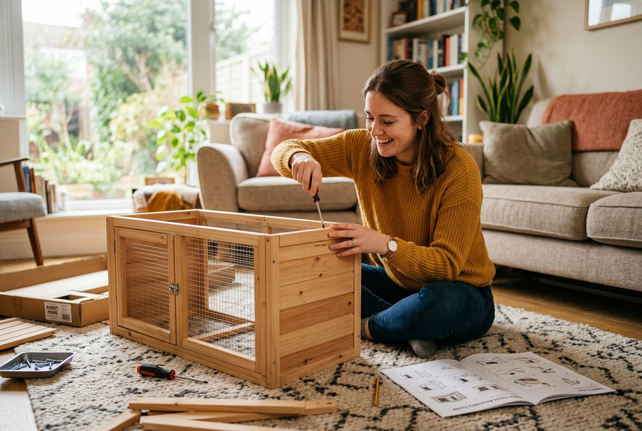 Person assembling rabbit enclosure on floor with instruction manual in focused preparation